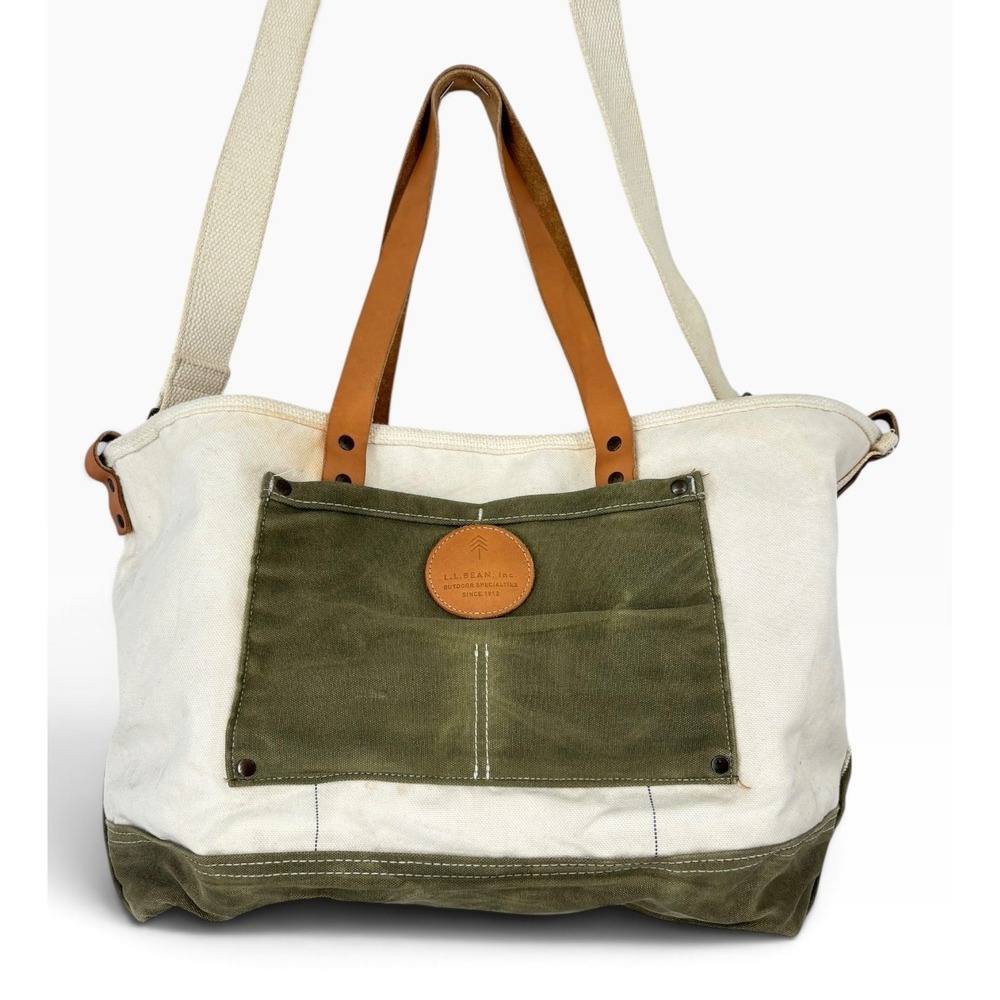 LL Bean Boat And Tote Large Cream Olive Green Vintage USA Crossbody Strap Good